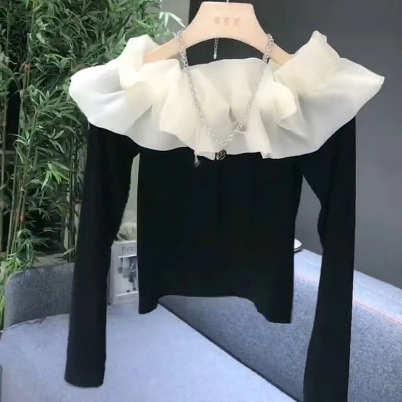 French style T-shirt shoulder splicing T-shirt women's spring and autumn new fashion temperament slim long-sleeved shirt