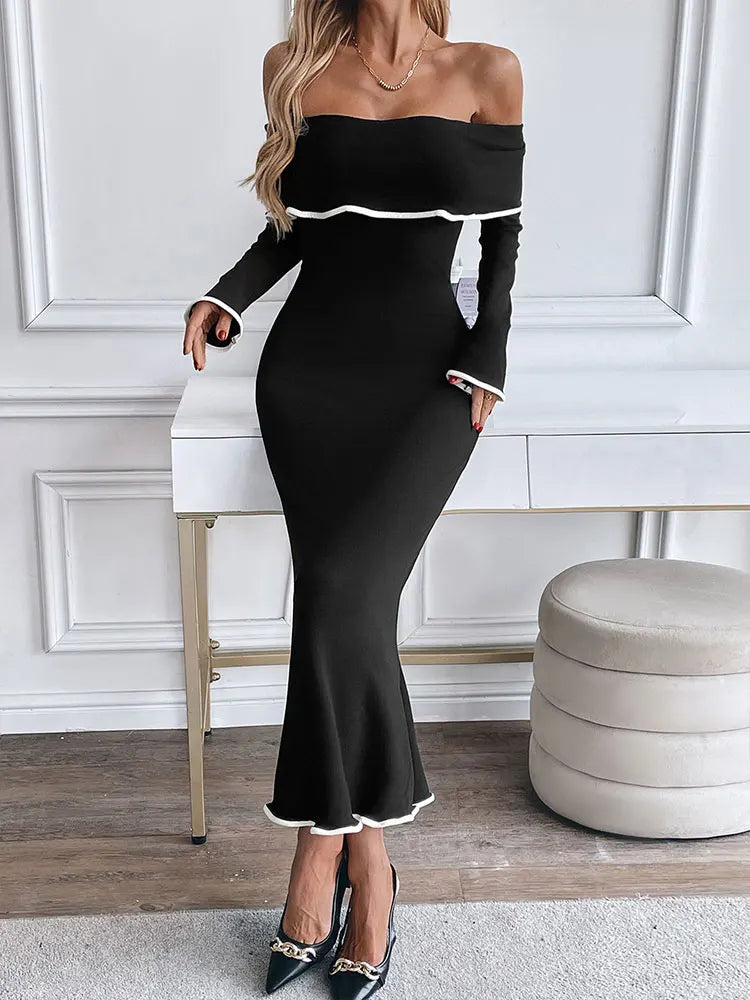 Women New Dresses Spring Fashion Long Sleeves High Quality Maxi Dress Black Sexy Backless Strapless Lady Elegant Dress Clothing