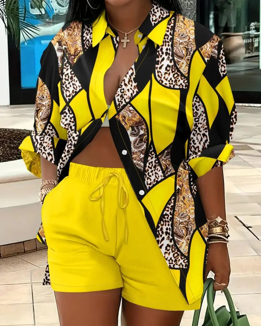 Casual Geometric Print Shirt Shorts Two Piece Set for Women