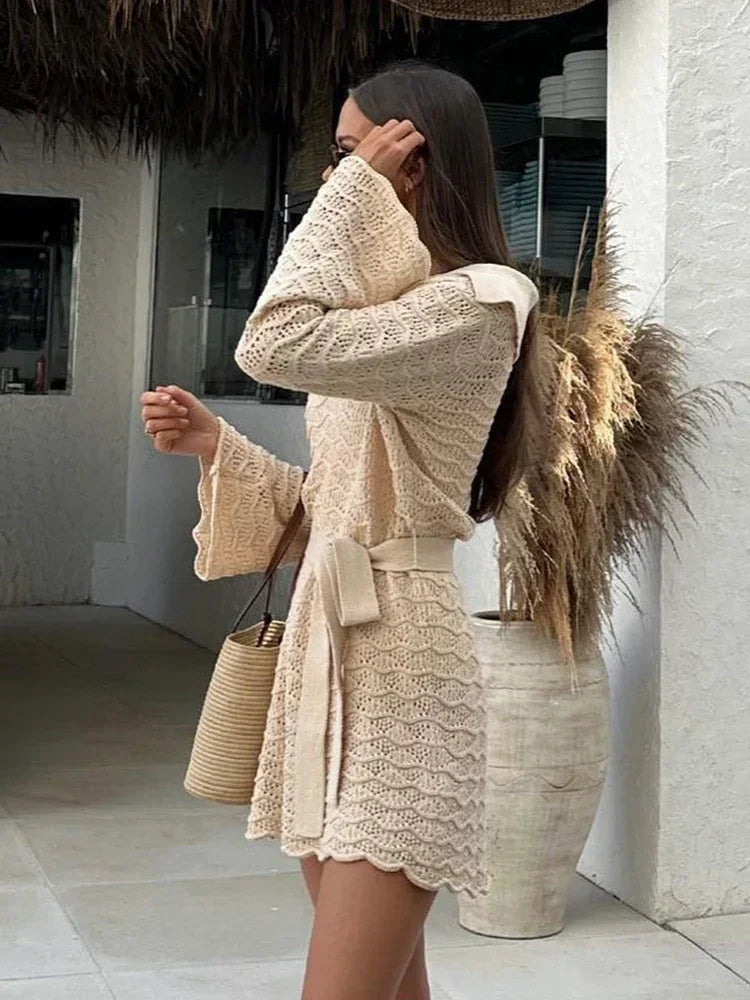 Sexy Shirt V-neck Bell Sleeve Hollow Out Knitted Belted Beach Mini Dress 2025 Summer Swimsuit Cover Up Women's Casual Outfit K16