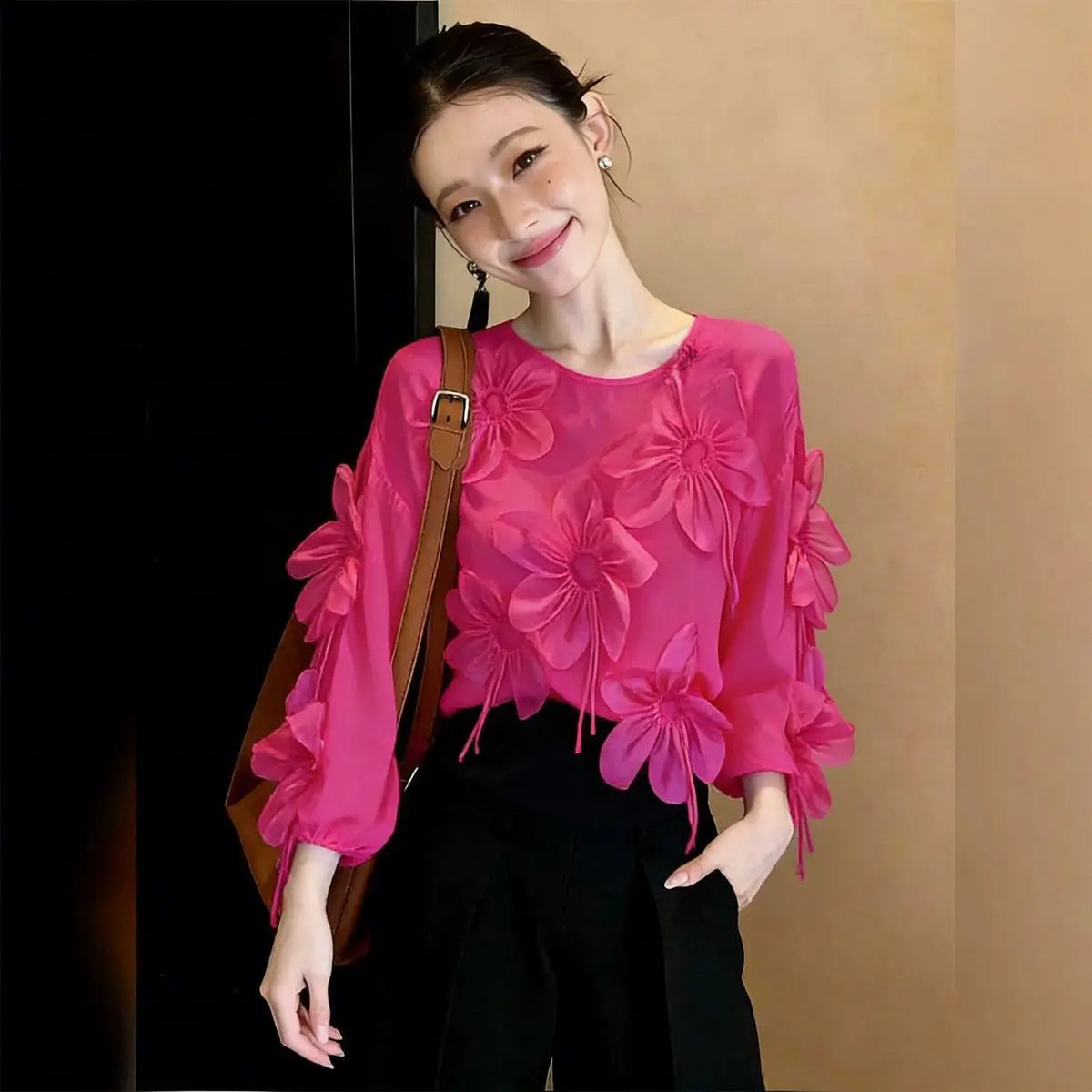 Three Dimensional Flower Lightweight Long Sleeve Top for Women