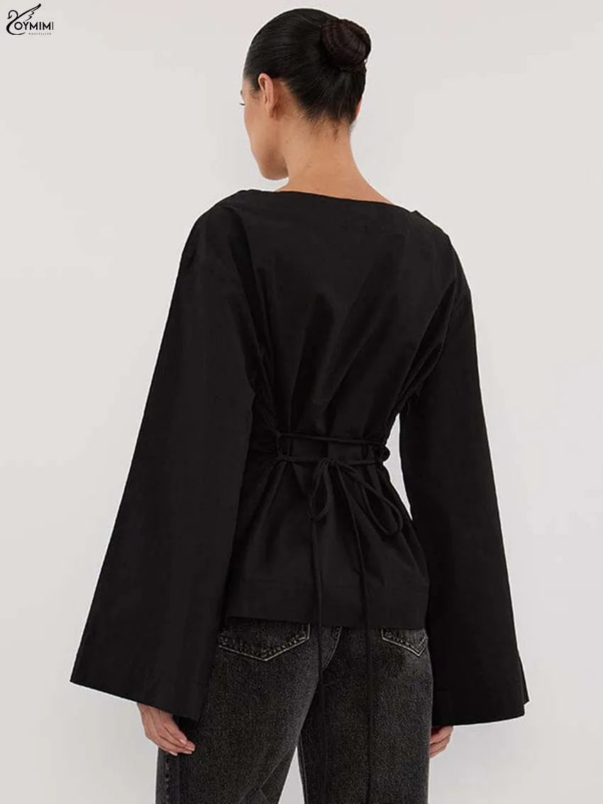 Oymimi Fashion Black Cotton Women's Blouse Elegant O-Neck Long Sleeve Loose Blouses Casual New Solid Lace-Up Blouses Streetwear