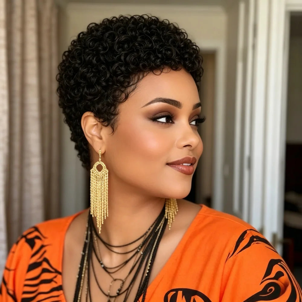 Natural Black Short Curly Human Hair Pixie Wig for Women