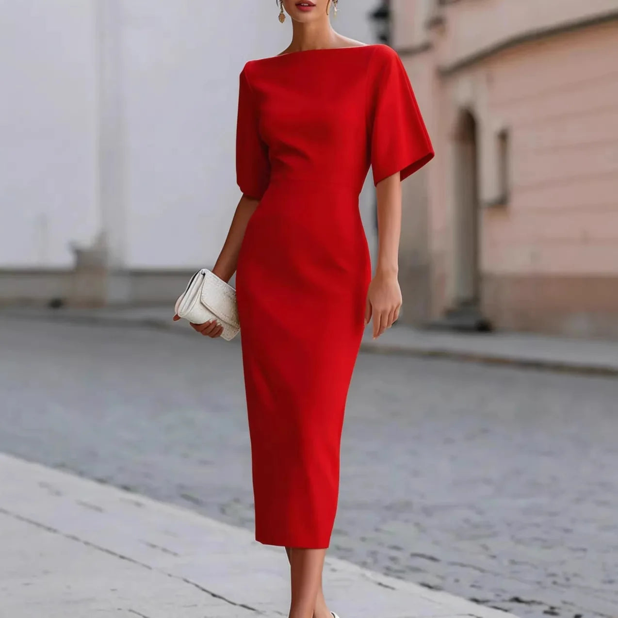 Elegant Office Midi Dress With Short Sleeves For Women