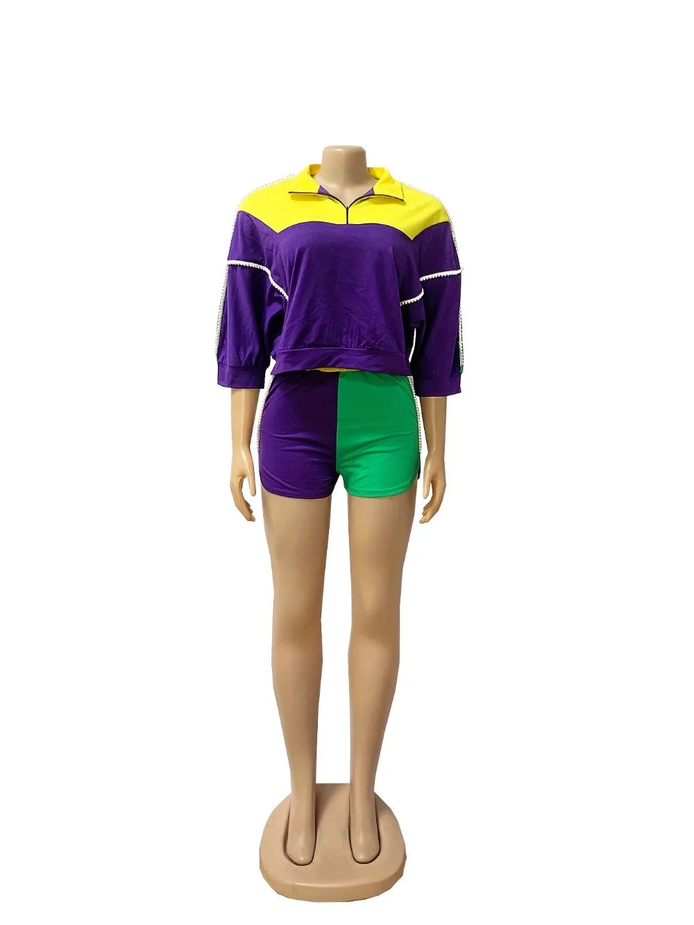 Sporty Color Block Crop Top and Shorts Set for Women
