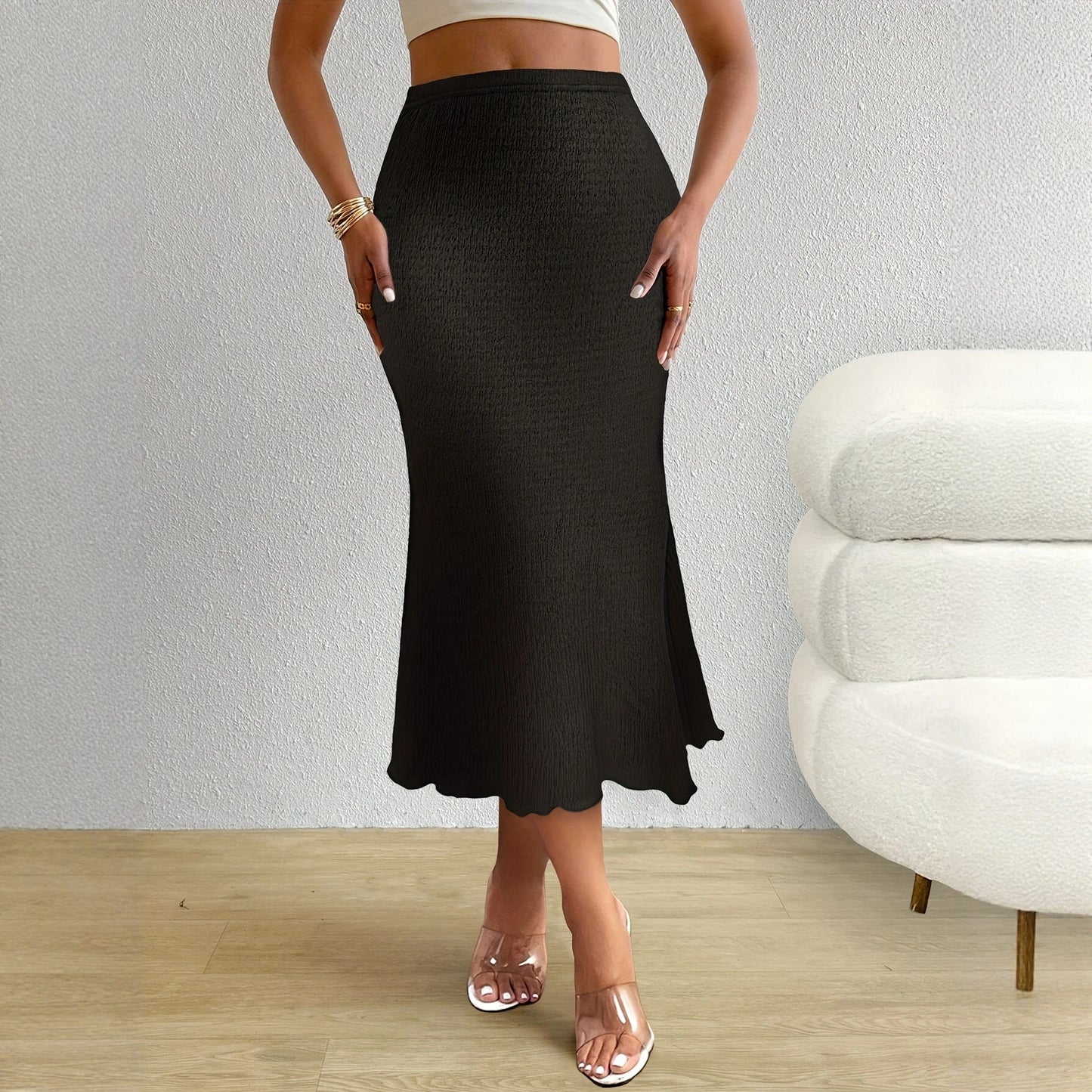 Women Black Smocked Midi Skirt High Waist Scalloped Hem Casual Pleated Skirt Summer Vacation Beach Holiday Outfit