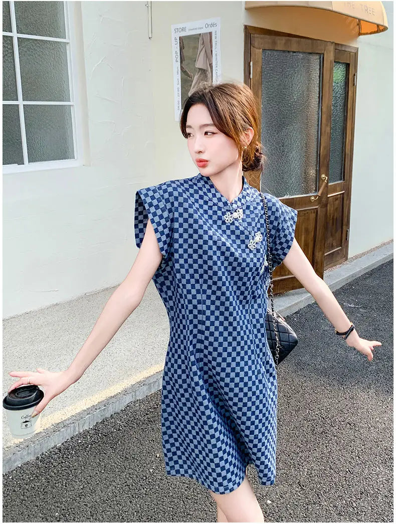 Checkered Ethnic Style Summer Lightweight A Line Dress for Women