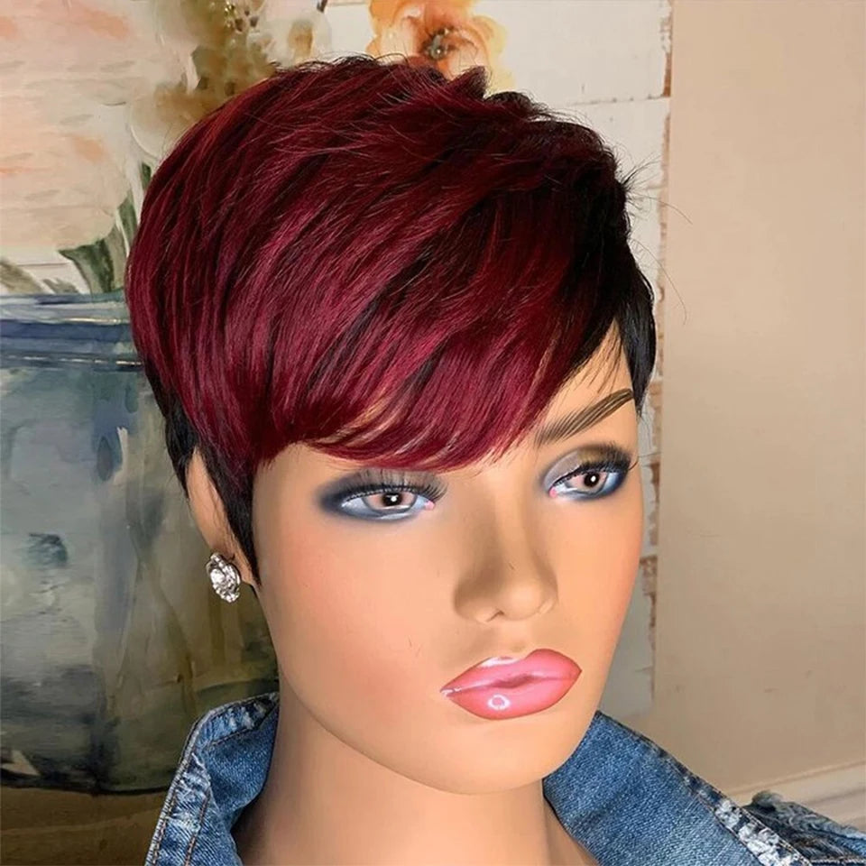 Dark Red Pixie Cut Wig 1B/99J Human Hair Short Bob Wig With Bang Brazilian None Lace Wigs For Women Full Machine Human Hair Wig