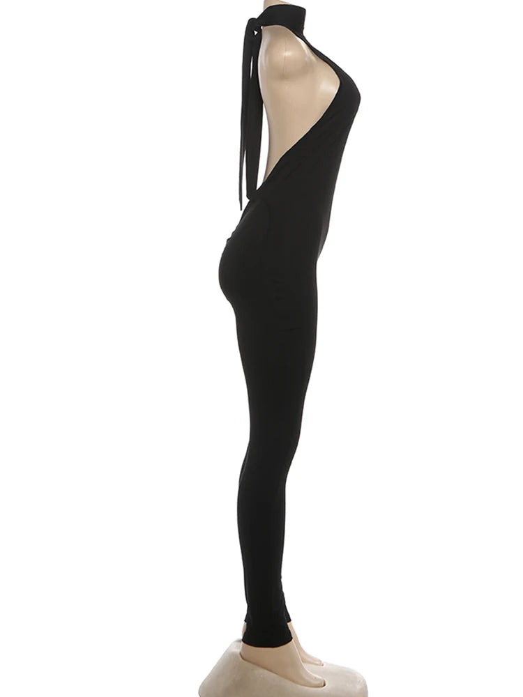 Peach Backless Halter Skinny Fit Jumpsuit for Women