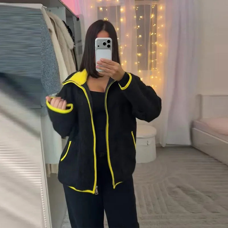 Fuzz Yellow Contrast Long Sleeve With Zipper Coat for Women