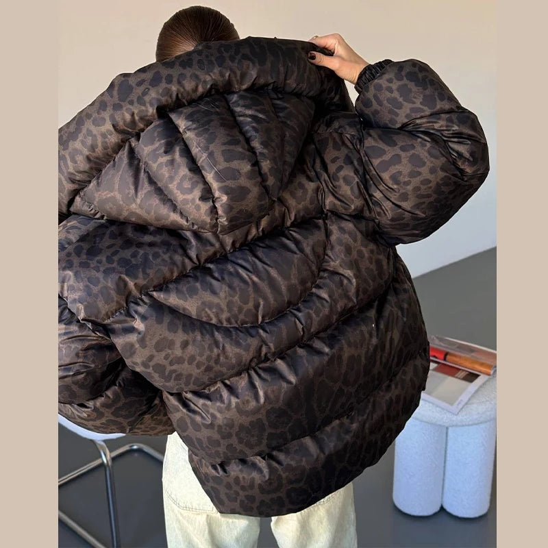Casual Leopard Print Hooded Puffer Jacket For Women