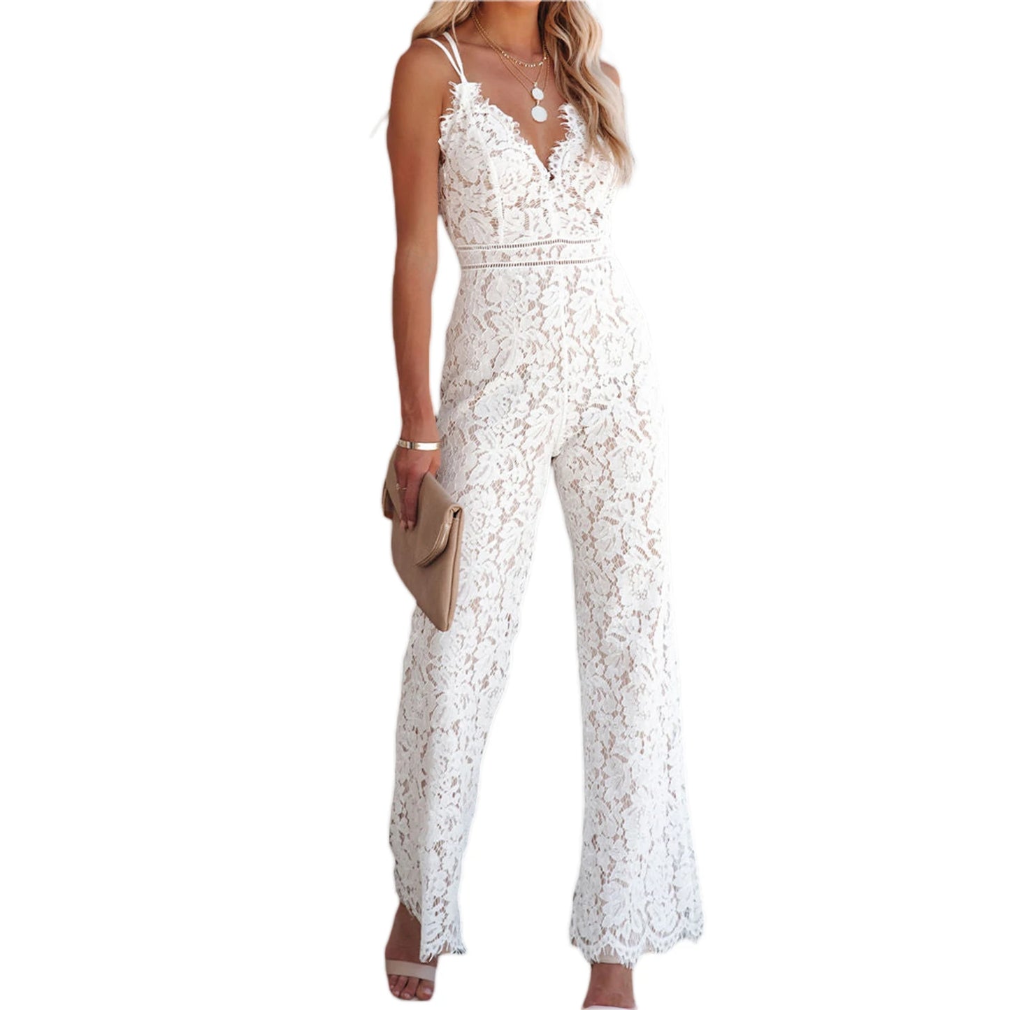 Elegant Lace Spaghetti Strap V Neck Wide Leg Jumpsuit for Women