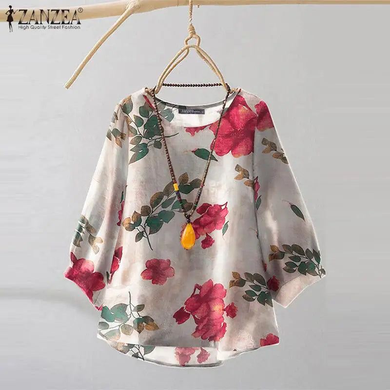 2024 Autumn 3/4 Puff Sleeve Tees ZANZEA Women Round Neck Tops Vintage Ethnic Style T Shirt Holiday Floral Printed Smock Blouse