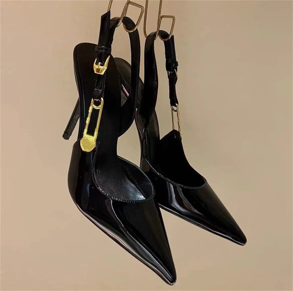 Sexy Pointed Toe Slingabck Rhinestone Sandals Lady Leather Luxury Dress Stiletto High Heel Pumps Women Shoes Metal Buckle