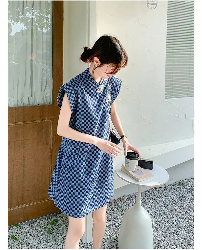 Checkered Ethnic Style Summer Lightweight A Line Dress for Women