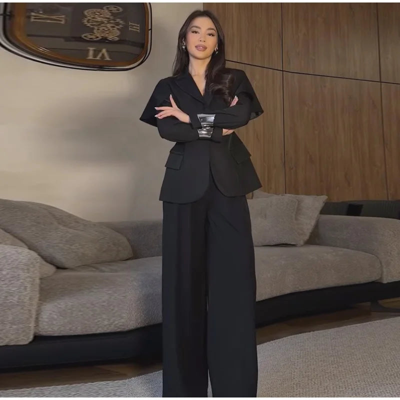 Shawl Lapel Blazer and Pants Set With Pockets for Women