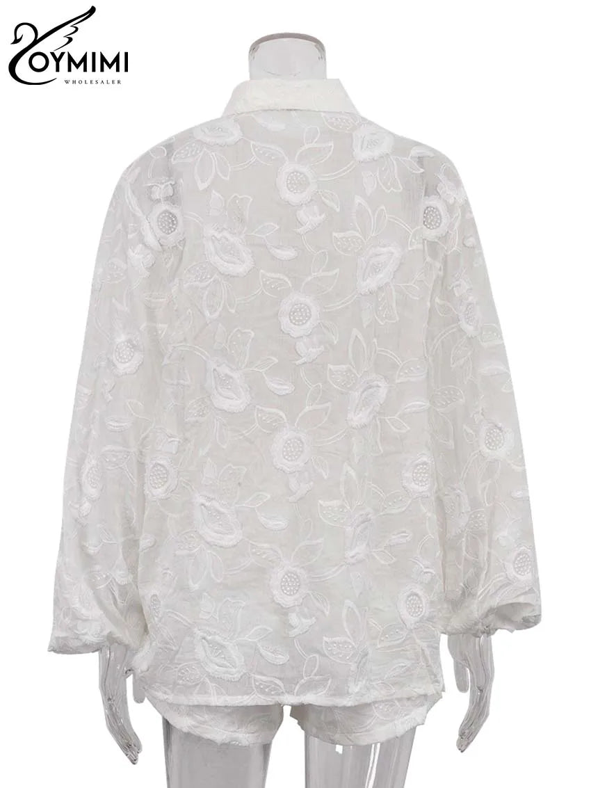 Oymimi Summer White Cotton 2 Piece Sets Women Outfit Casual Jacquard Button Wrist Sleeve Shirts And High Waist Shorts Female Set