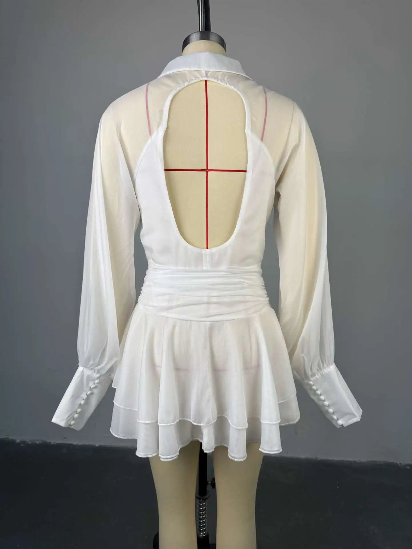 Elegant White V Neck Lantern Sleeve High Waist A Line Dress for Women