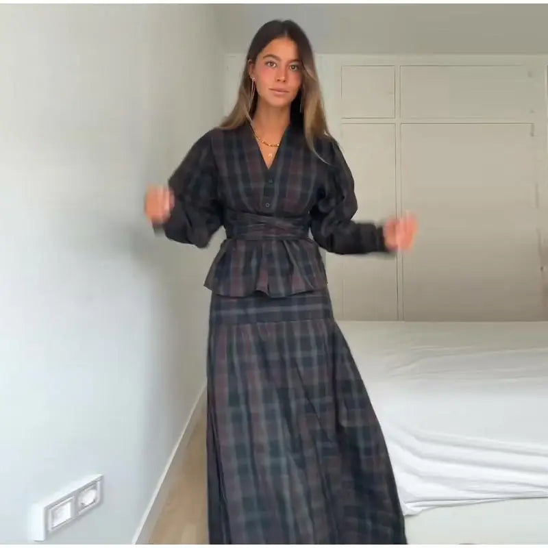 Vintage Plaid Women's Skirt Set V-neck Puff Sleeve Waist Belt Cinched Floor-length Skirt Suit Woman 2026 Spring Evening Outfits