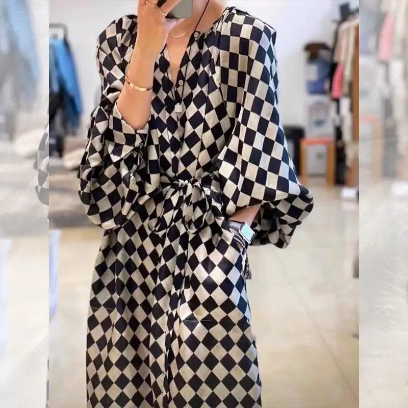 Lace Up Lantern Sleeve Plaid Dress