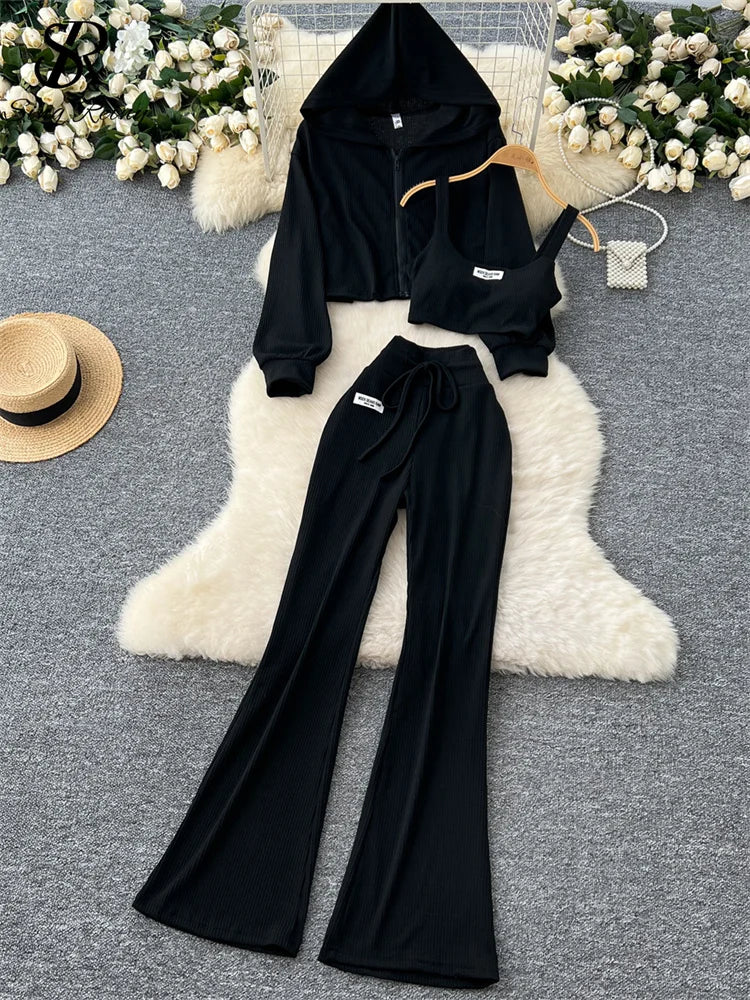 Sporty Three Piece Hoodie, Camisole and Pants Set for Women