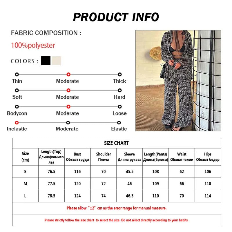 Oymimi Fashion Black Print Womens 2 Piece Outfit Set Elegant Lapel Long Sleeve Shirts And High Waisted Lopse Straight Pants Sets