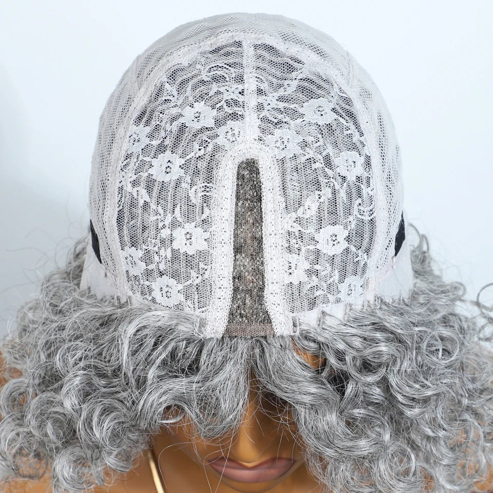 Lekker Gray Short Afro Kinky Curly Bob Middle Part 100% Human Hair Wigs For Women Brazilian Remy Hair Glueless Daily Mom Wigs