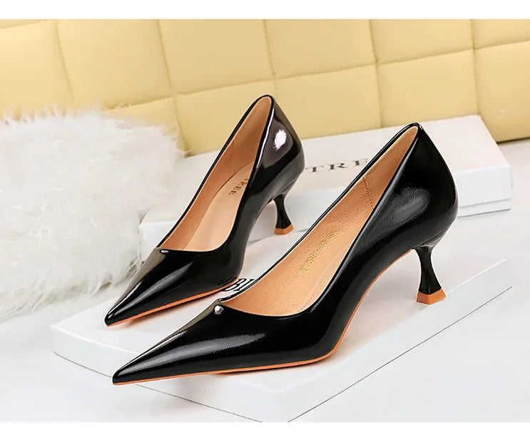 Classic Patent Leather Kitten Heel Office Pumps for Women