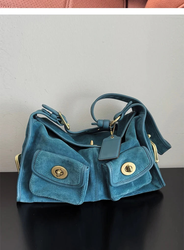 Casual Commuter Large Capacity Suede Pillow Bag Single Shoulder Crossbody Bag Vintage Style Polyester Lining Zipper Closure