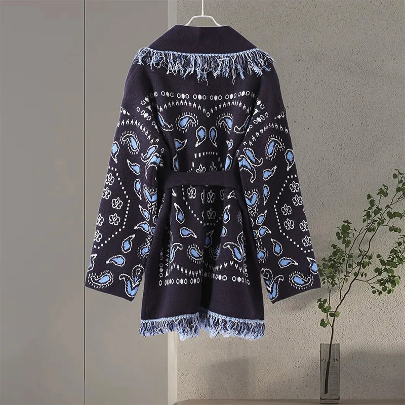 Ethnic Tassel Women 's Sweater Knitted V-neck Bandage Thicken Full Sleeve Jumper For Woman Winter Woman Coats Jacket Knitwear