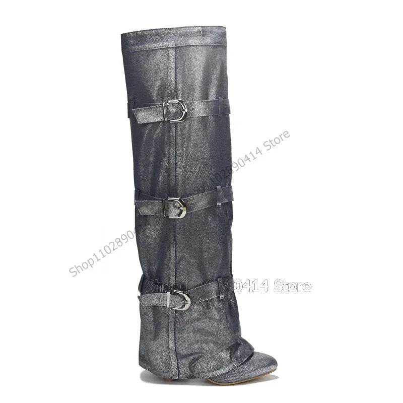 Black Pointed Toe Knee High Boots With Side Zipper For Women