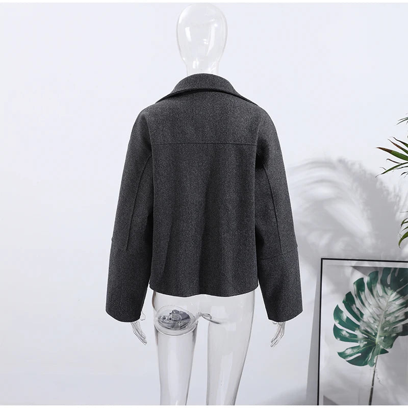 Solid Double Breasted Stand Collar Long Sleeve Overcoat for Women