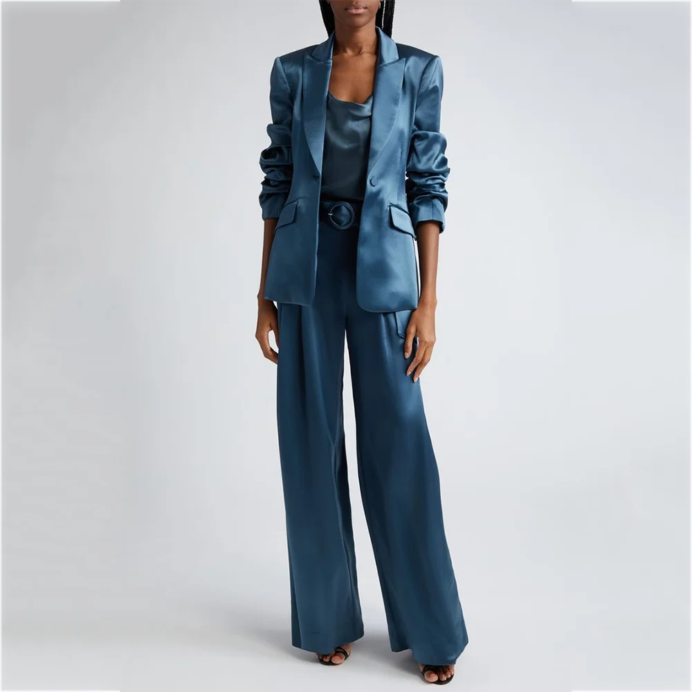 Women's Two Pieces Set Satin Peaked Lapel Elegant Fashion Single Button Straight Professional Tailor-Made Jacket with Pants