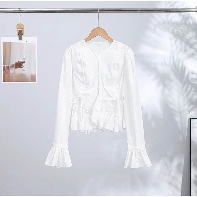 Chic Solid Ruffle Pleated Puff Sleeve Shirt for Women