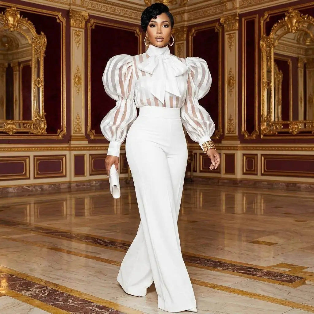 Women High Neck Bow Puff Long Sleeve Sheer Striped Shirt And High Waist Wide Leg Pants Outfit For Formal Dinner Wedding Occasion