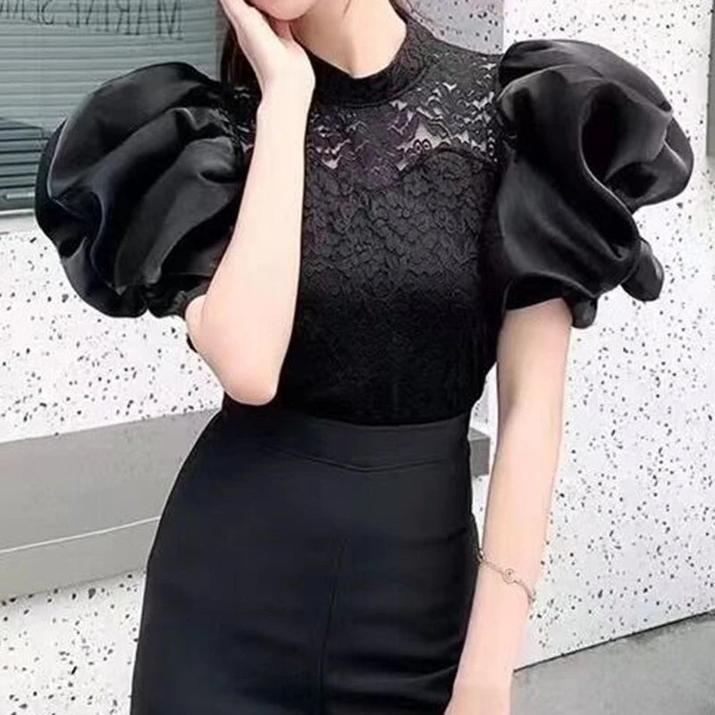Korean V-Neck Bubble Sleeve Irregular Pleated Top for Women