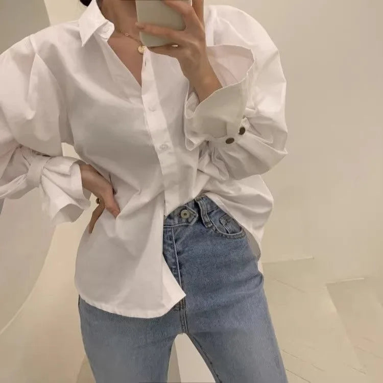 White Puff Sleeve Button-Front Collared Blouse for Women