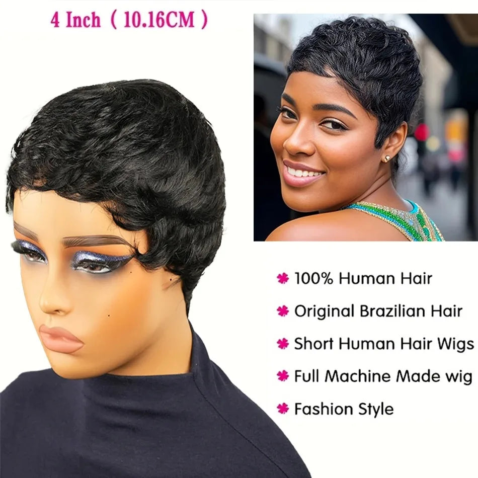 Natural Short Pixie Cut Curly Brazilian Remy Wig for Women