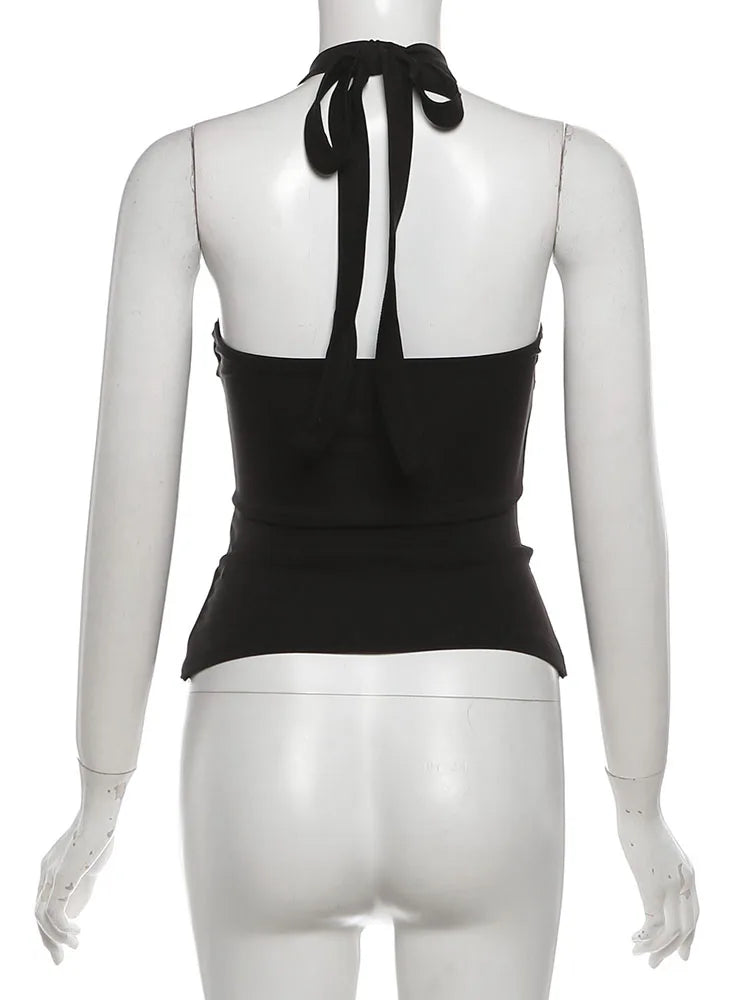 Halter Patchwork Backless Shirred Tank Top for Women