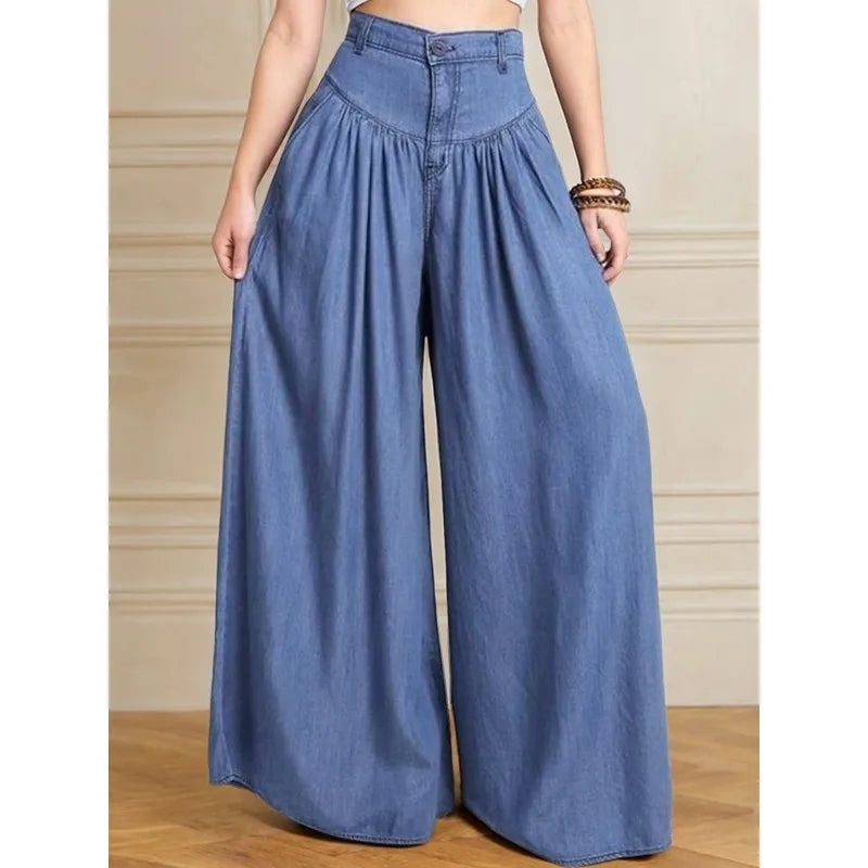 Women's Imitation Denim High Waist Wide Leg Palazzo Pants 2026 New Spring Fashion Pleated Casual Streetwear Y2K Style Trousers