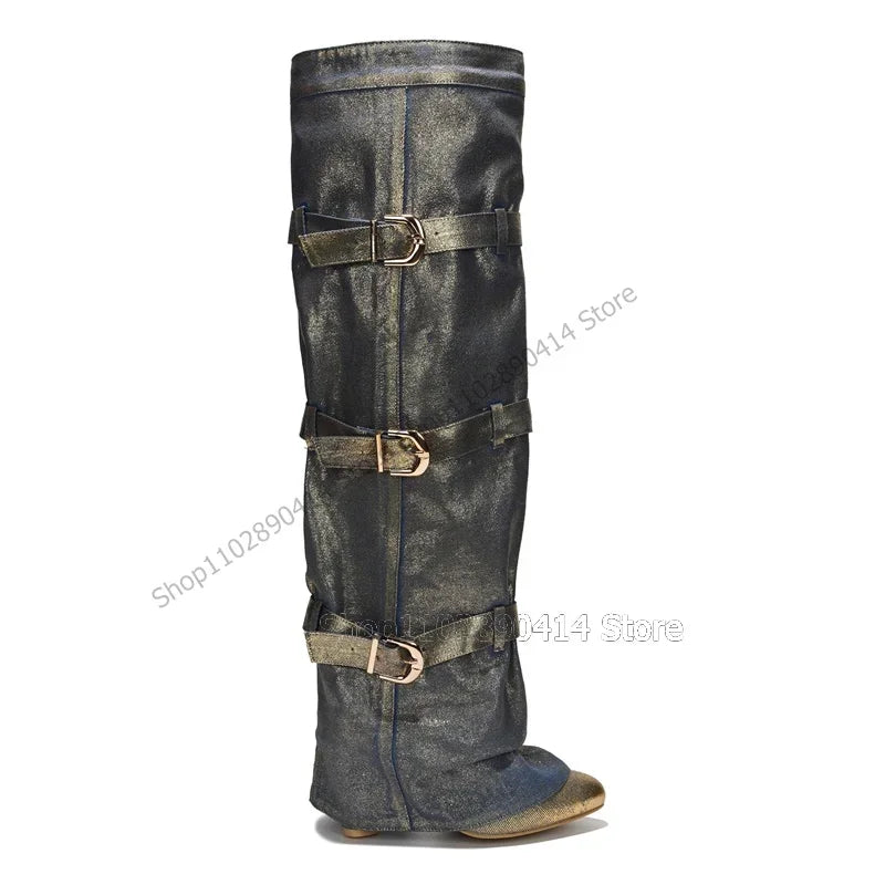 Black Pointed Toe Knee High Boots With Side Zipper For Women