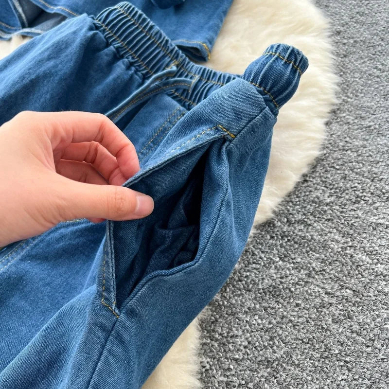 Vintage Long Sleeve Denim Shirt And Jeans Set for Women