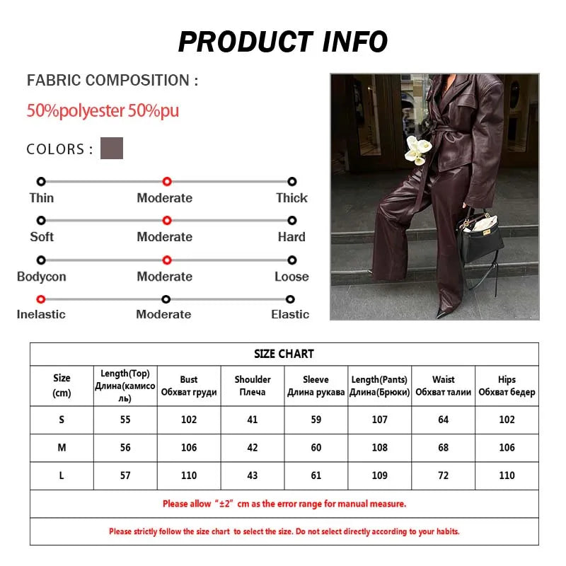 Oymimi Vintage Wine Red Pu Leather Womens 2 Piece Outfit Set Elegant Long Sleeve Lace-Up Shirts And Straight Simple Trousers Set