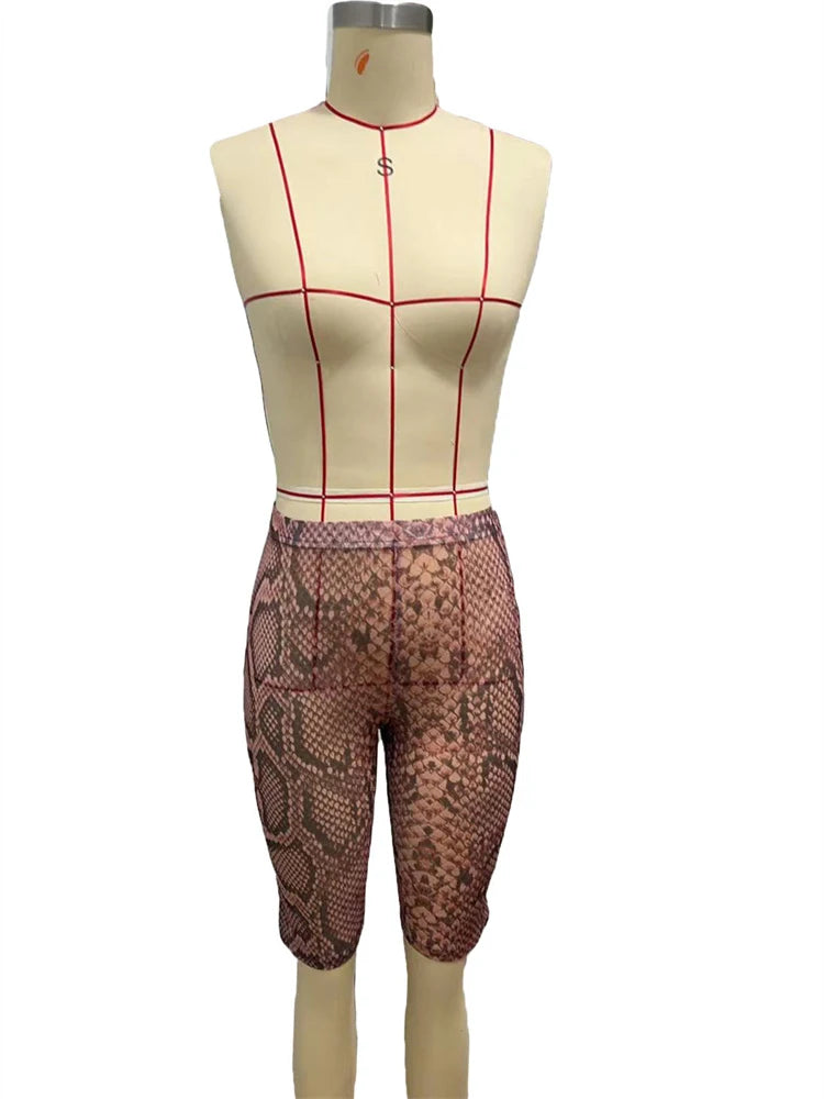 Snake Print Elastic Waist Skinny Shorts Trend for Women