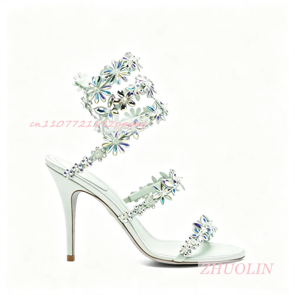 Rhinestone Floral Open Toe Stiletto Wedding Sandals for Women