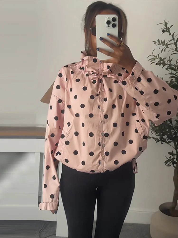 Polka Dot Lace Up Stand Collar Single Breasted Jacket for Women