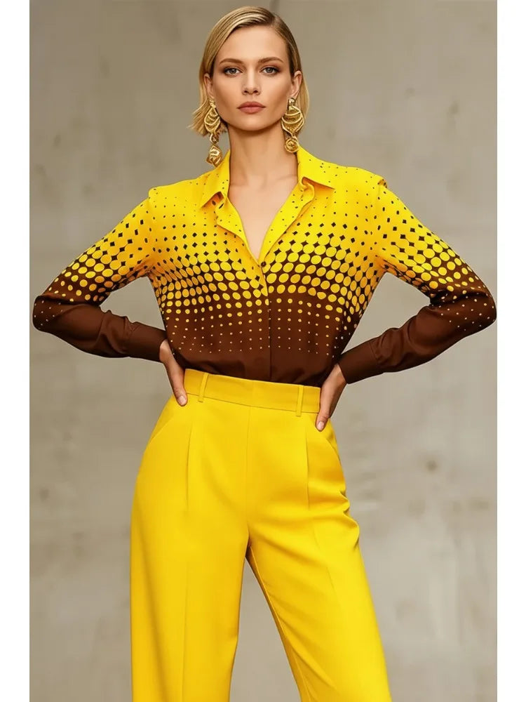 Bonboho Women's Yellow-Brown Gradient Polka Dot Shirt Top 2026 New Stylish Loose Long Sleeves T-shirt Elegant Office Blouse