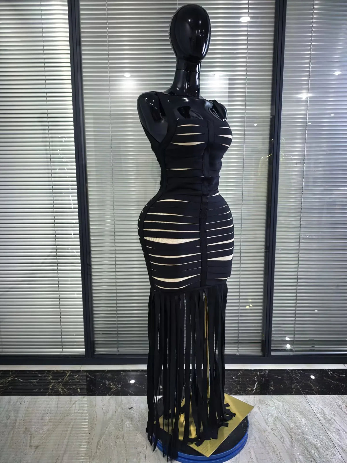 Black Color Women Sleeveless Sexy Square Collar Bodycon Fringes Bandage Long Dress Elegant Evening Party Celebrate Outfit