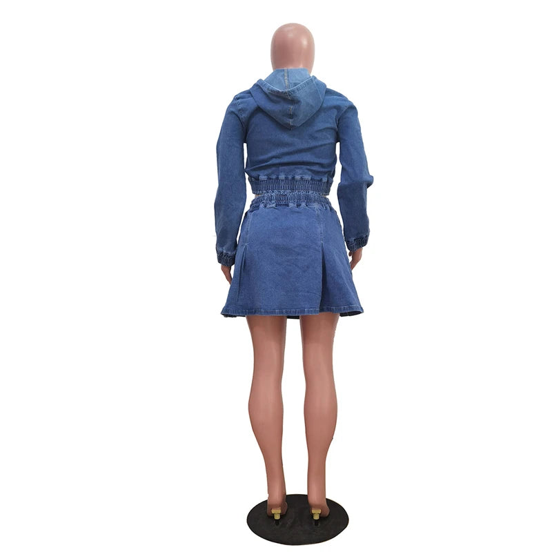 Hooded Denim Crop Top And Pleated Skirt Set for Women