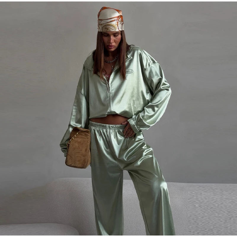Loose Solid Satin Two Piece Pants Set With Zipper Jacket For Women